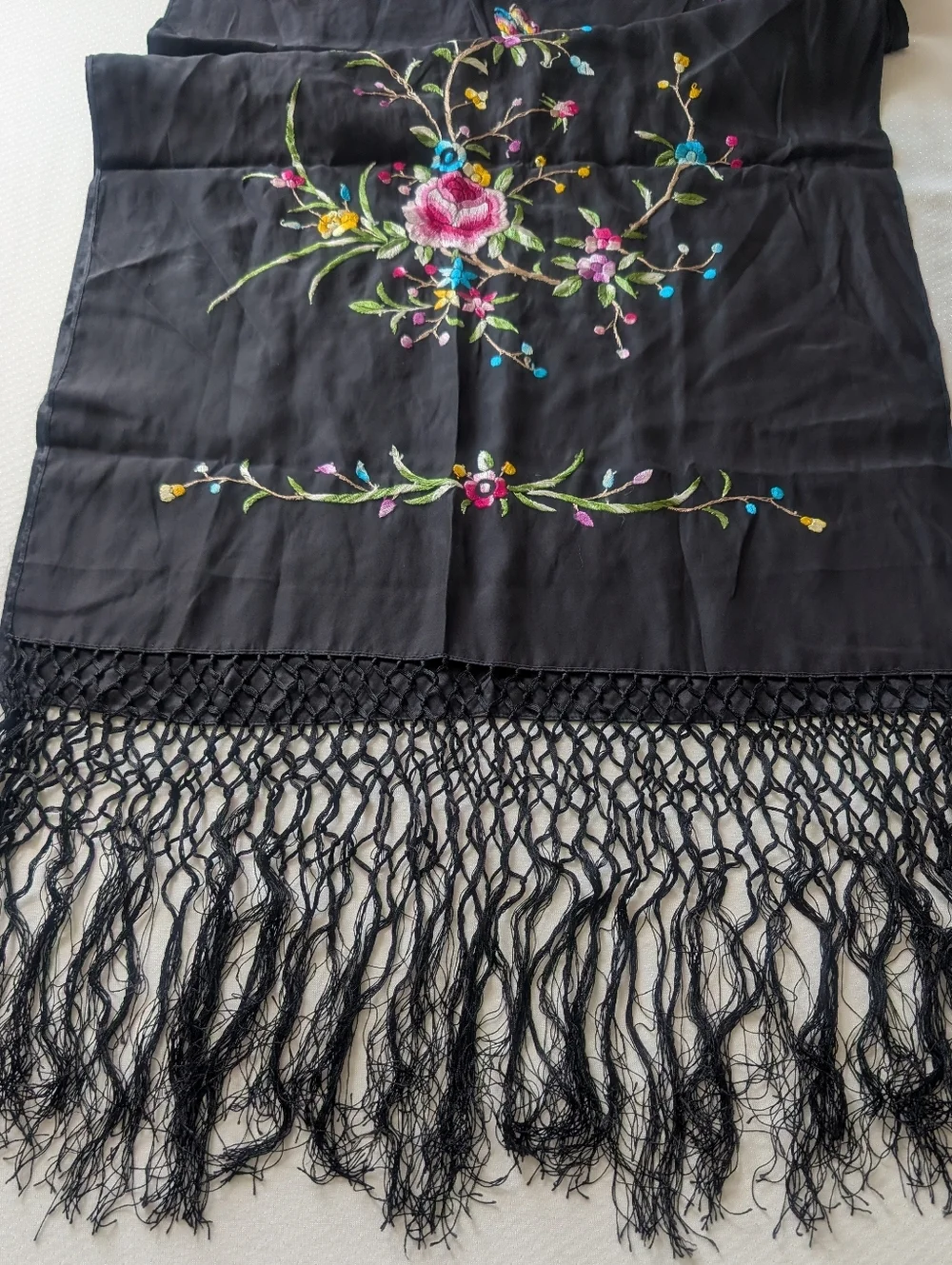 Embroidered Floral Scarf Shawl Black 100% Silk Tassel Women's Accessory - Picture 16 of 16